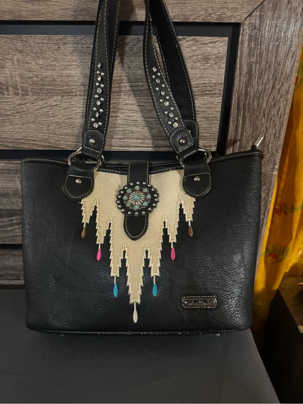 Black Women's Decorative Tote Bag with Cream Accent Conceal Carry